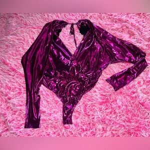 FASHION NOVA surplice metallic fuchsia bodysuit